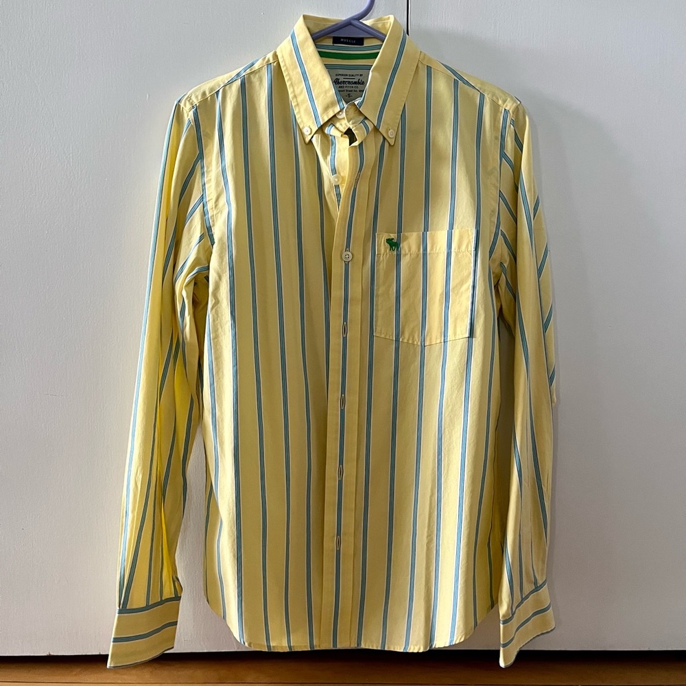 🎉 SALE A&F Muscle Fit Yellow Striped Button-down Shirt